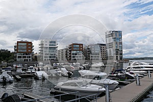 City view with river skyline tower with boats