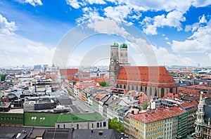 City view with sky, red roofs in Munich