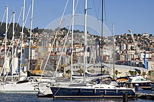 City view of Vigo with sailboats in marina