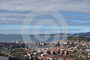 The city of Vigo seen from the water route with its estuary and the Cies islands