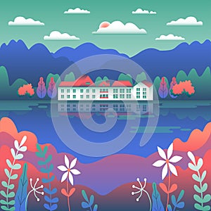 City or village landscape on the river in flat style design. Outdoor panorama countryside illustration. Hills, mountains, field,
