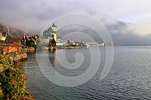 City of Vitznau on beautiful Lake Lucerne in the fog.