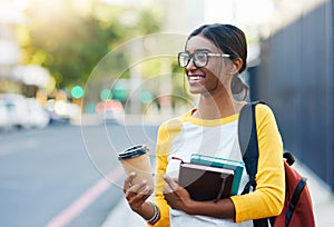 City walk, books and happy woman, student or person on commute journey to university, college or high school. Sidewalk