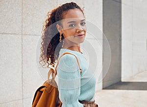 City, walking and black woman student on the weekend enjoying her freedom. Summer, fashion and portrait of young girl