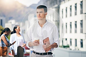 City, walking and businessman with tablet on coffee break from workplace, building or commute in urban Brazil town