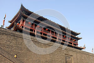 City Wall, Xian, Shaanxi Province, China. Watchtower above an entrance gate on Xian city wall.