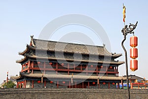 City Wall, Xian, Shaanxi Province, China. Watchtower above an entrance gate on Xian city wall.