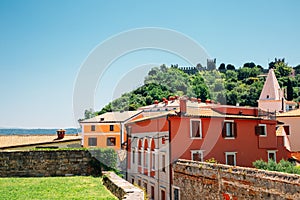 City walls and old town on the hill at summer in Piran, Slovenia