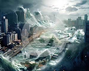 The city was hit by giant sea waves attack buildings.