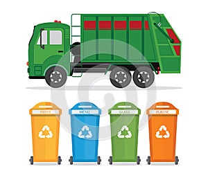 City waste recycling concept with garbage truck isolated on whit