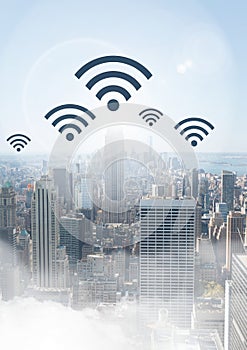 City with wifi icons