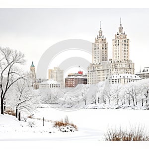 City in winter with buildings isolated on white background photo