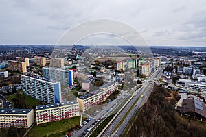 The city of Wodzis?aw ?l?ski in Silesia, Poland, with blocks of flats and green areas.