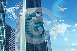 City with world map and molecule