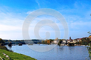 The city of Zamora from the stone bridge over the river Duero. Castile and Leon. Spain