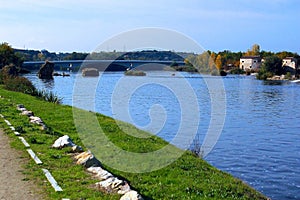 The city of Zamora from the stone bridge over the river Duero. Castile and Leon. Spain