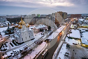 The city of Zhukovsky from a bird`s eye view on a cloudy winter evening