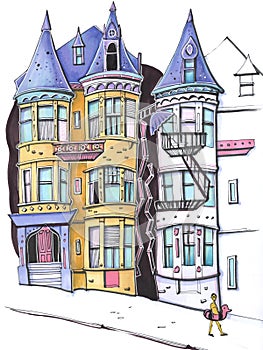 City â€‹â€‹sketch urban illustration cartoon style fantasy colors street america san francisco seaside building