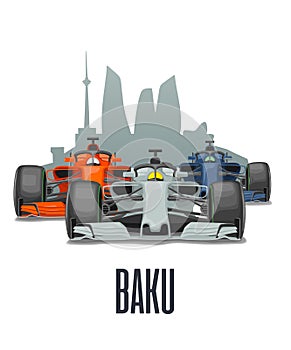 Cityline Baku and three racing cars on Grand Prix.