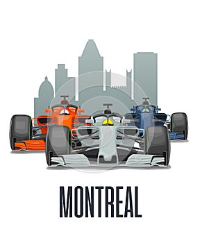 Cityline Montreal and three racing cars on Grand Prix Canada.