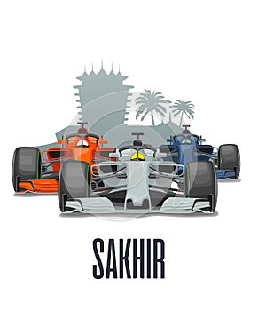 Cityline Sakhir and three racing cars on Grand Prix Bahrain . Vector flat