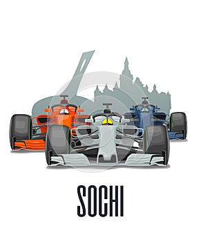 Cityline Sochi and three racing cars on Grand Prix Russia