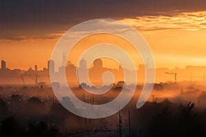 Citys silhouette softened by a twilight fog during the sunset