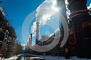 Citys winter comfort, Factory pipes release steam from heating boiler