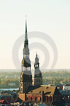Cityscape aerial view on the old town and Daugava river in Riga city Latvia