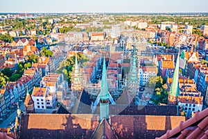 Cityscape aerial view on the old town on the sunset in Gdansk