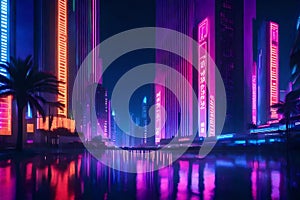 A cityscape aglow with dazzling neon lights, as buildings stand tall against the night sky, forming a futuristic backdrop for New