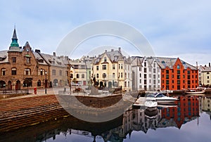 Cityscape of Alesund Norway at sunset