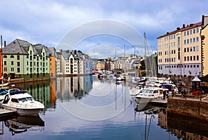 Cityscape of Alesund Norway at sunset