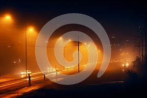 Cityscape allure night lights, road bridge, moving car through mist