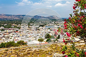 Cityscape of ancient Archangelos scenic old town with castle on Rhodes island, Dodecanese, Greece. Beautiful picturesque white