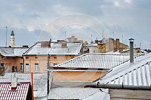 Cityscape of ancient town, old architecture, roofs with antennas and chimneys, brick walls, Drohobych, Ukraine