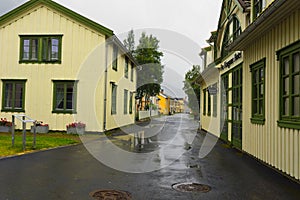 Cityscape architecture of Timber historic buildings MosjÃ¸en Norway