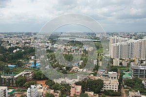 Cityscape of Bangalore in India, with office buildings and urban sprawl