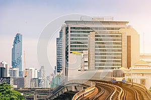 Cityscape of Bangkok City Downtown and Business Modern Office Buildings at Sunset., Architecture Building and Urban Transportation