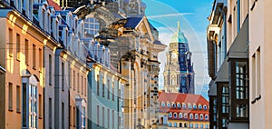 Cityscape, banner - view of the old street of Dresden against the backdrop of the Dresden Town Hall