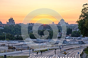 Cityscape of Belgrade, capital of Serbia, dominated by Church of Saint Sava