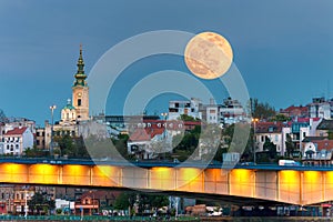 Cityscape of Belgrade in night of full moon