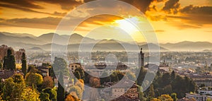 Cityscape of the Bergamo city at sunrise, Italy