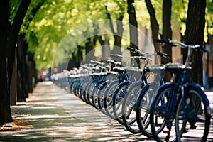 Cityscape with bicycles and electric scooters promoting sustainable urban transport