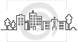 Cityscape, town with trees and lamp, black silhouette of town, vector icon, eps.