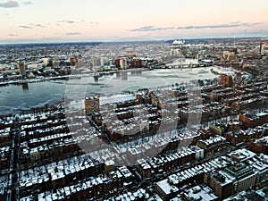 Cityscape of Boston and the Charles river in the evening in winter