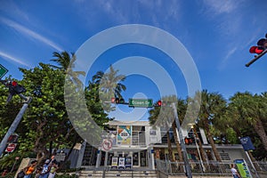 Cityscape bottom to top view at the Welcome Center for tourists on Ocean Drive, Miami Beach, on blue sky background.