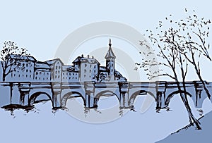 Cityscape with bridge over river. Vector drawing