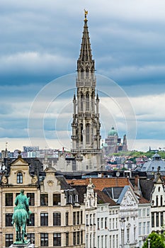 Cityscape of brussels with the landmark of tower against cloudy sky from the Monts des arts, brussels, Belgium