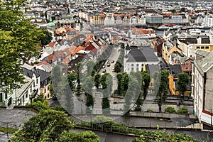 Cityscape of Bryggen historic district in Bergen, with traditional houses and roofs in Norway